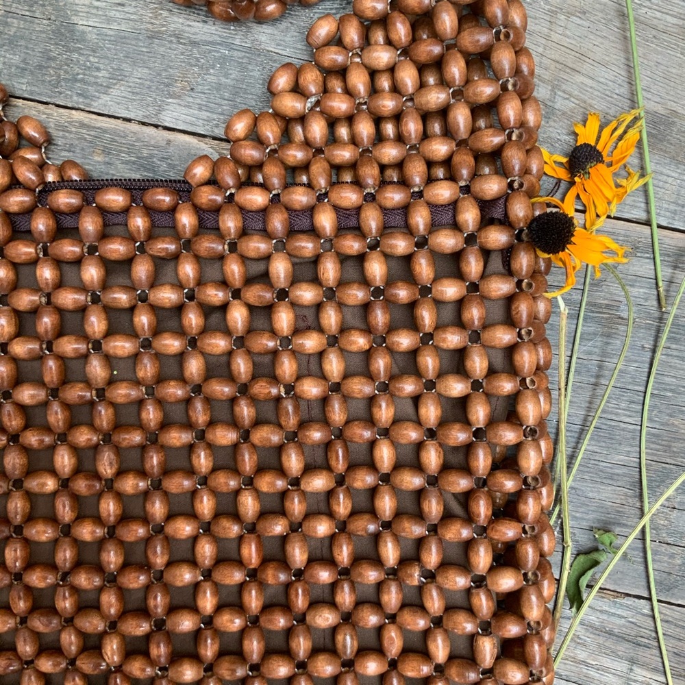 Boho vintage 1960s wood beaded woven purse bag